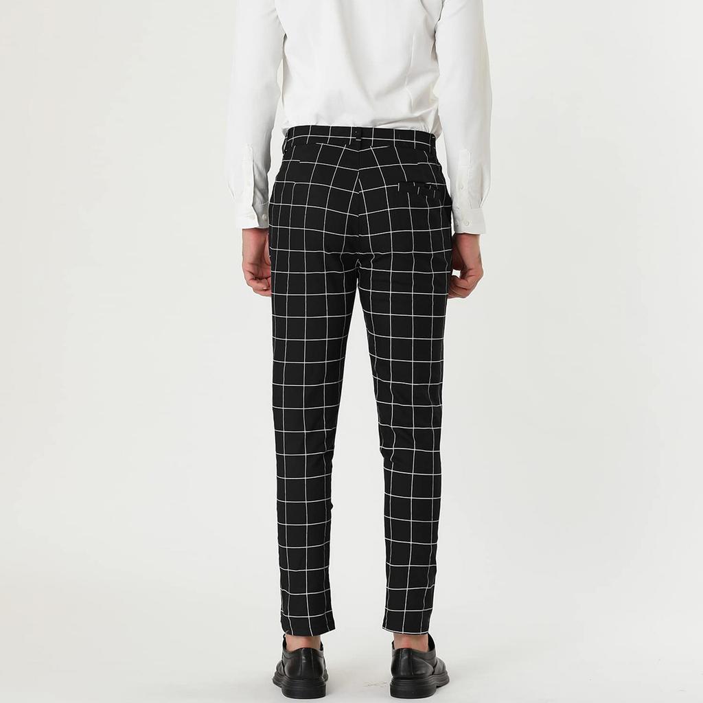 Men's Dress Plaid Slim Fit Flat Front Business Pants With Pockets