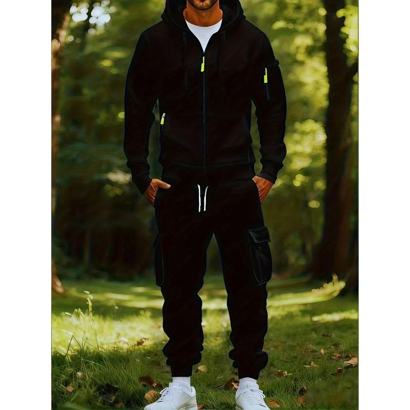 Mens Hoodie Sweatshirt Set Fleece Cargo Pants 2 Piece Casual Sportswear