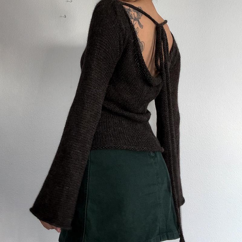 Mode Damen T-Shirt zum Binden am Rücken Pullover Langärmlig U-Boot-Ausschnitt Einfarbig Gestrickter Pullover Lässiges Oberteil