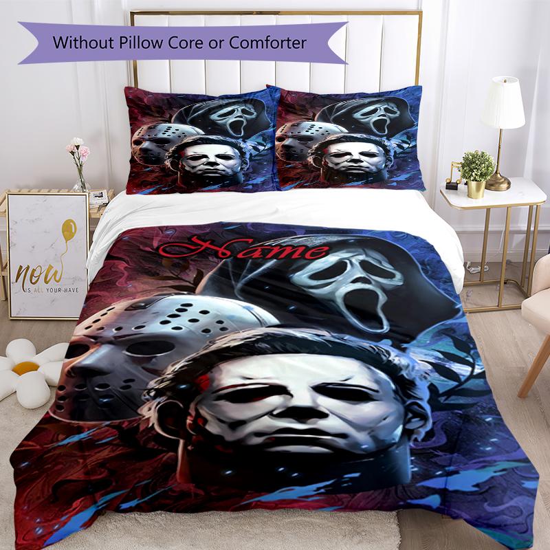 3pcs Custom Name Halloween horror Bedding Set Duvet Cover Closure Includes 1 Duvet Cover & 2 Pillowcases, Soft and Comfortable for All Seasons.