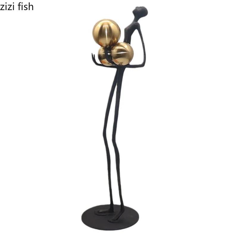 Black Matchstick Men Statue Golden Ball Decoration Character Sculpture Desktop Abstract Character Figurines Home Decoration