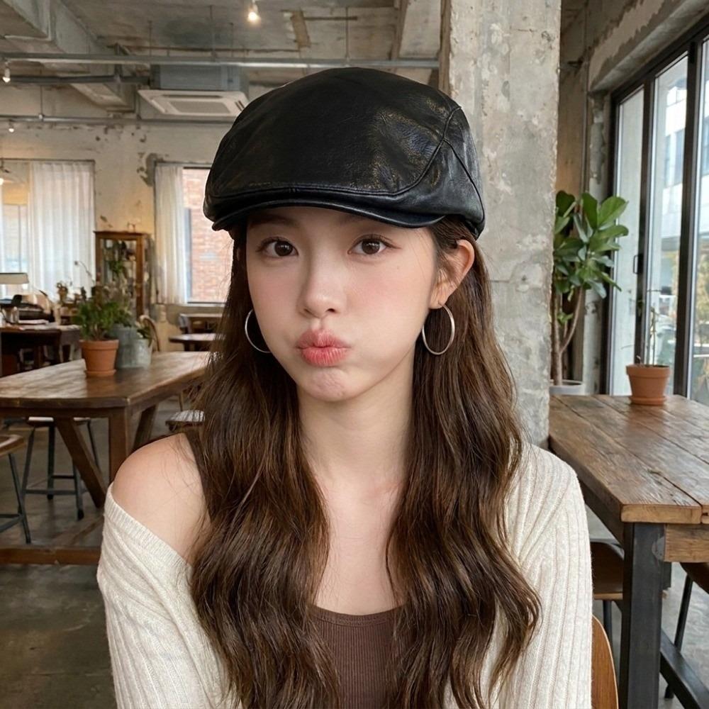 Gothic Y2k Berets Hat Harajuku Painter Hat Casual PU Leather Berets Hat Women