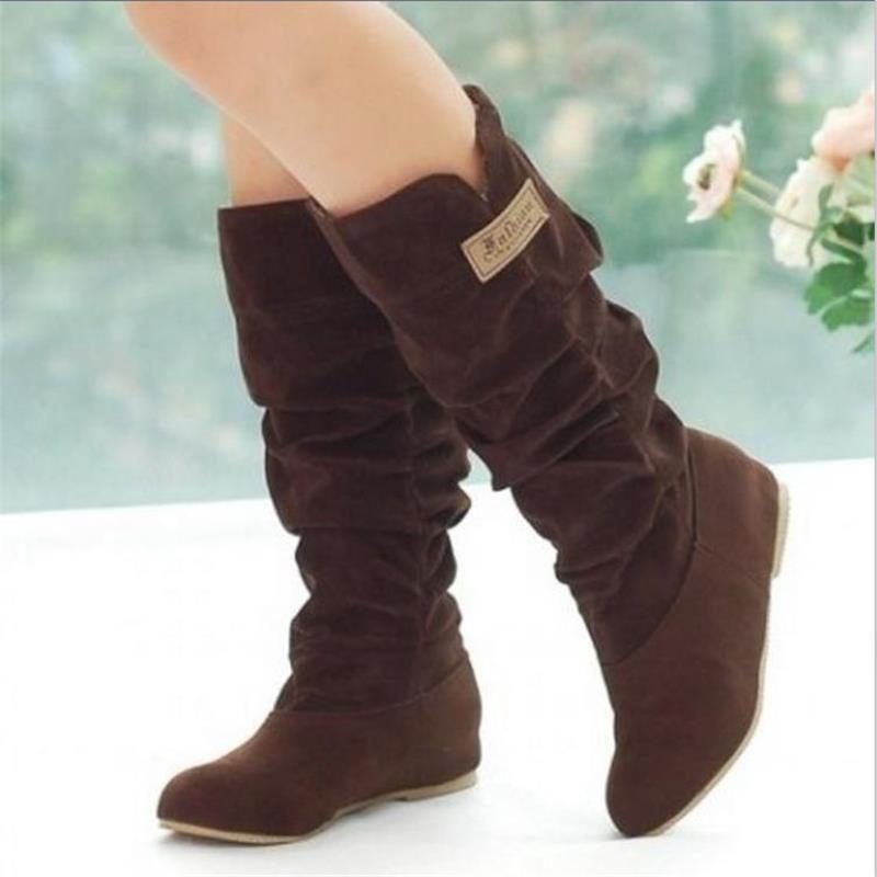 Plus Size Matte Mid-Calf Flat Heel Lace-Up Wrinkled Women's Boots