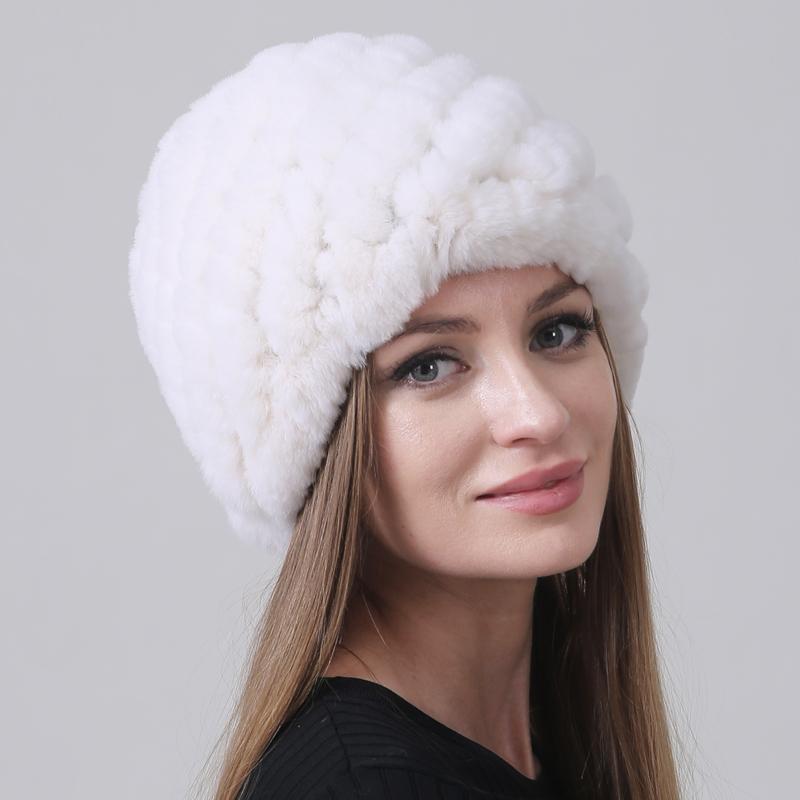 New Warm Real Fur Hat Winter Women Rex Rabbit Fur Thick Double Layer Lining Outdoor Women Beanie Cap Pineapple Round Hats
