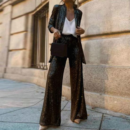 Women Pant Coat Shiny Sequin Formal Commute Style Solid Color Cardigan Long Seeve