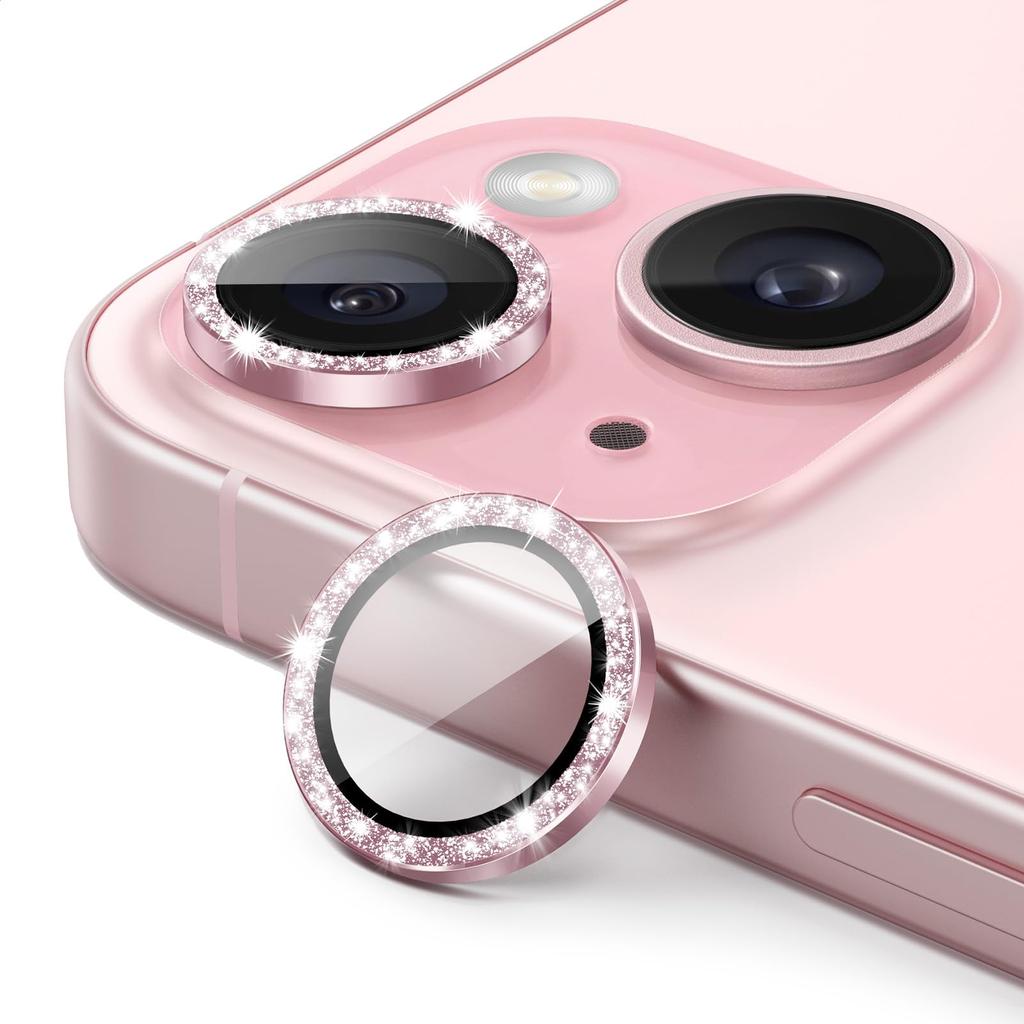 JEDirect iPhone 15 15 Plus Inch Camera Lens Film Glitter Shiny Individual 9H Tempered Glass Metal Ring Cover HD Clear 1 Set 6.1 inch/iPhone 6.7 (Pink)