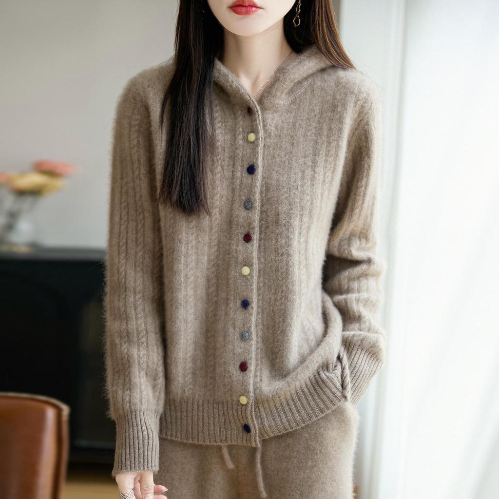 Women's Thickened Hooded Wool Cardigan: Autumn/Winter Simple Casual Cable Knit Sweater Coat