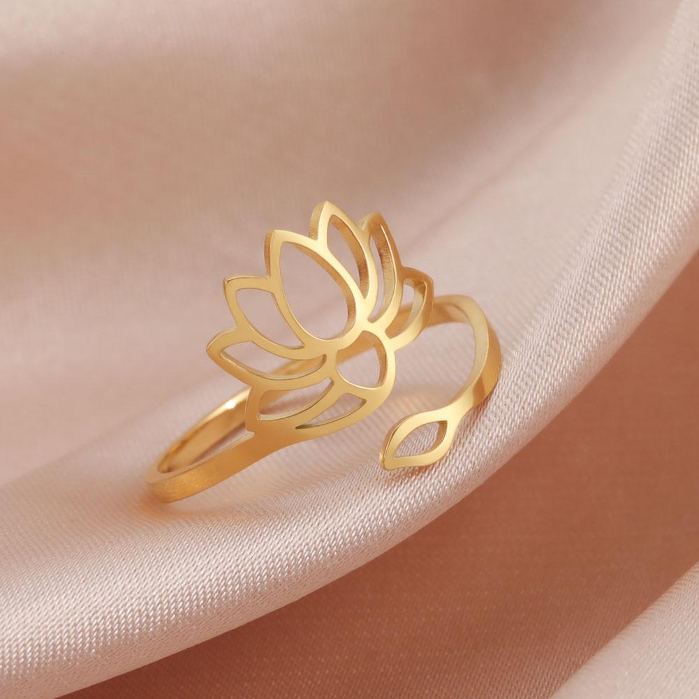 Stainless Steel Lotus Flower Rings Silver Color Yoga Buddha Adjustable Ring Om Symbol Amulet Vintage Jewelry New Year Gifts