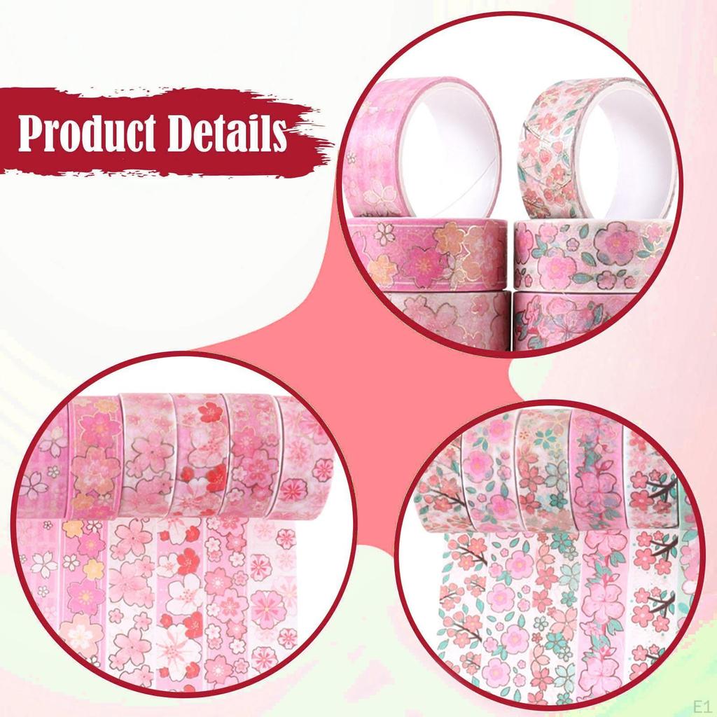 12 Rolls Floral Washi Tape Masking Tapes Thin 15mm Wide Cherry Blossom Pink for