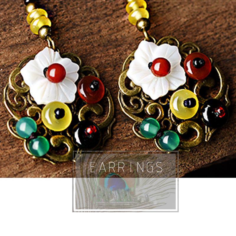Retro Ethnic Style Shell Flower Handmade Beaded Long Section Pendant Hook Earring