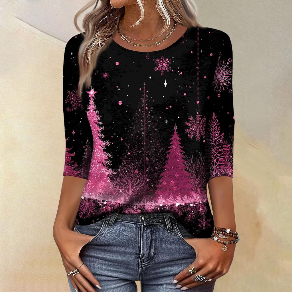 Women's Fashion Casual Christmas Tree Printed Round Neck Three-Quarter Sleeve T-Shirt Top