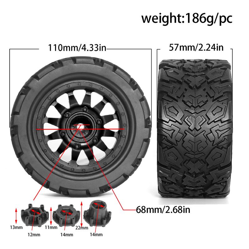 1/10 RC Truck Tires and Wheels 12mm 14mm Hex for Traxxas Slash 4X4 Arrma Rock Granite Vortek Axial Losi Redcat Rc4wd 3S 4PCS
