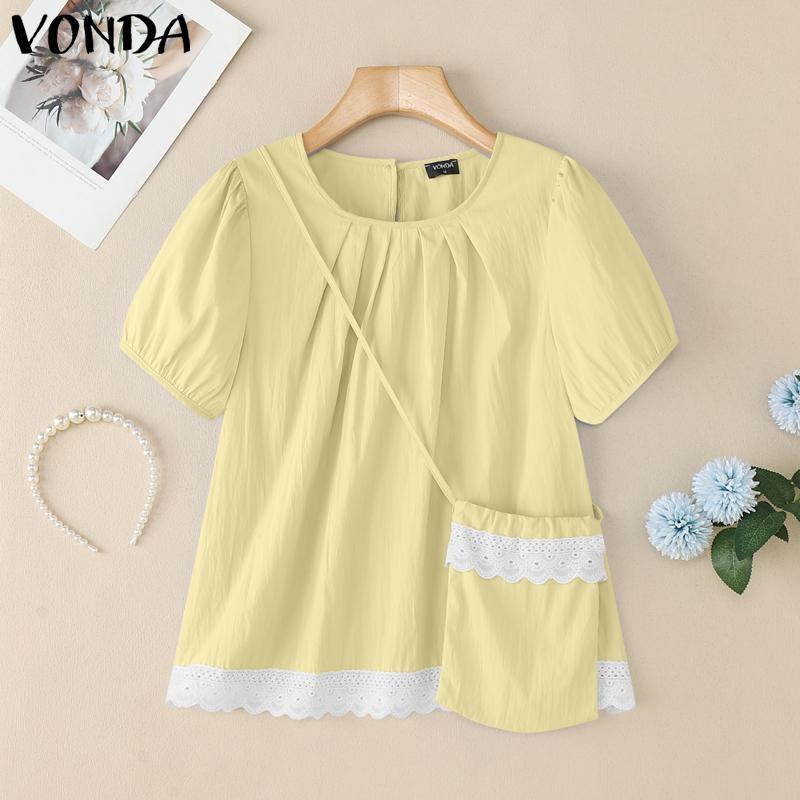 

VONDA Womens O-Neck Puff Sleeve Ruffled Lace Hem Casual Loose Tops Blouse with Bag 5XL