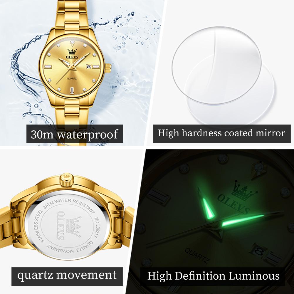 OLEVS Dame Gullklokke Ny Luksus Diamant Kvarts Armbåndsur For Damer Klassisk Klokke Rustfritt Stål Rem Dato Armbåndsur