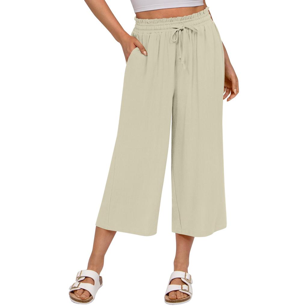Women's Square Pocket Elastic Waist Cropped Pants Casual Cotton And Linen Pants