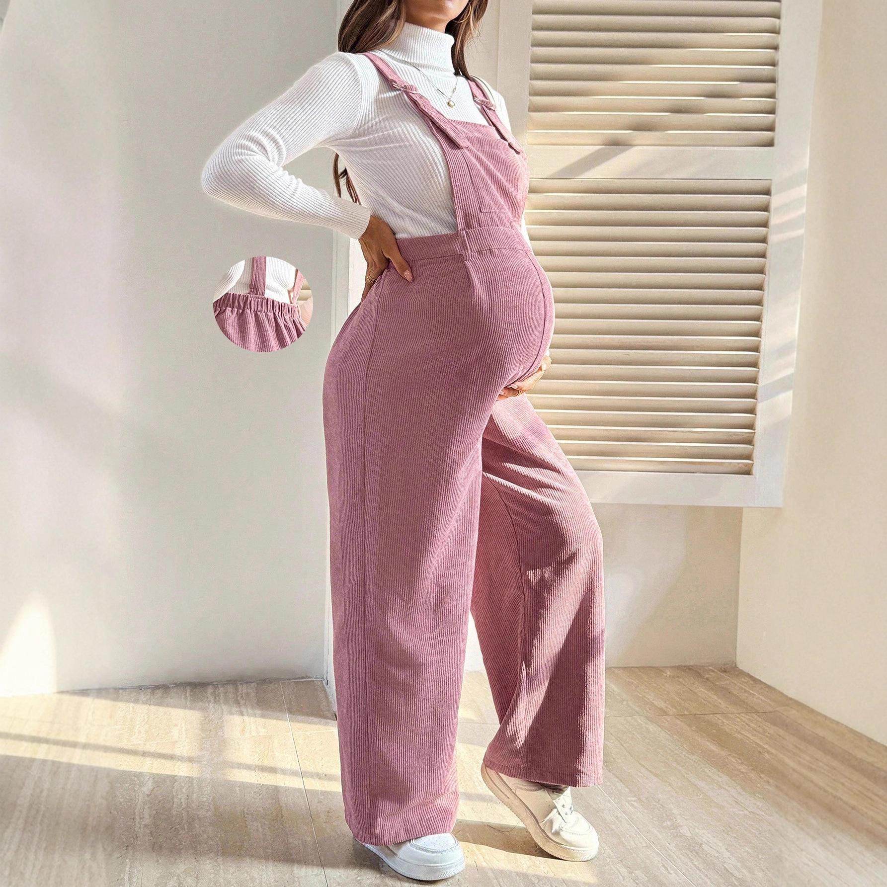 Umstandsmode Schwangere Cord-Latzhose Einfarbig Verstellbarer Träger Weiter Bein Overall Frühling Herbst Freizeit Schwangerschaftskleidung M rosa