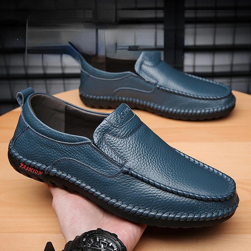 Fashion Breathable Genuine Leather Men Shoes Summer Slip On Loafers Men Casual Leather Shoes Blue Flats Hot Sale Driving Shoes Moccasins