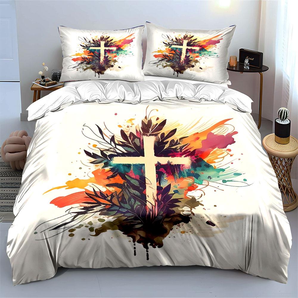 Abstract Cross with Floral Art Bedding Duvet Cover Set Duvet Cover Pillowcases (1*Duvet Cover 2*Pillowcases, Without Duvet Insert)