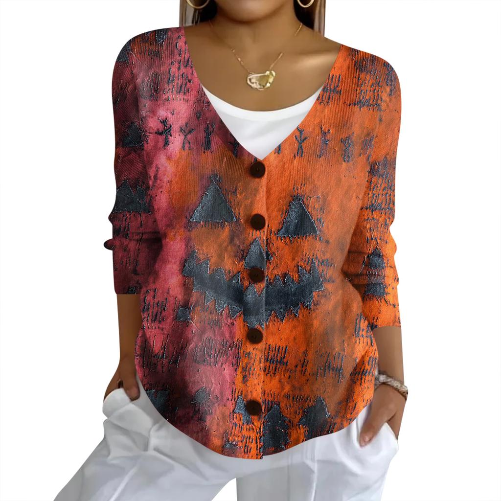 Women's Fashion Casual Knit Sweater Button-Up Halloween Printed  Cardigan Jacket