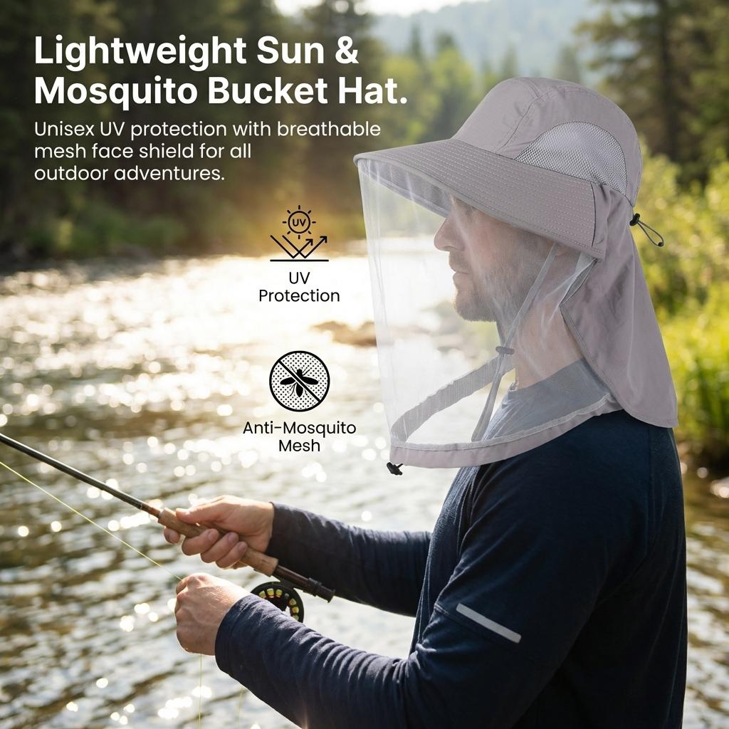 UV-Schutzhut mit Gesichtsmaske Atmungsaktiv Insektenschutz Breiter Rand Anglerhut Outdoor Sport Natur Wandern Camping Netzhut