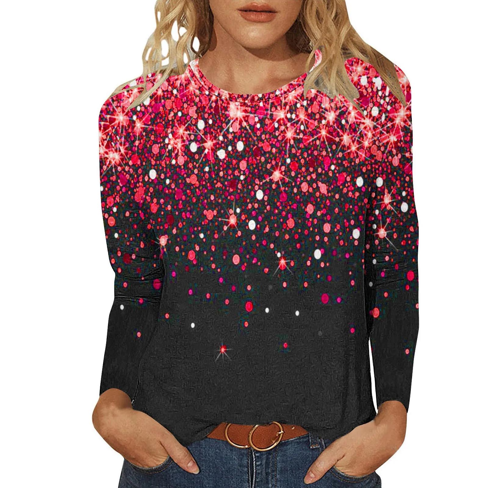 

Жіноча футболка з 3D блискучим принтом, довгим рукавом, з O-подібним вирізом, вільна жіноча футболка, жіноча футболка, топи, camisetas mujer, жіночий одяг 5XL