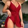 European and American Solid Color Sleeveless Chest Pleated Waist Dress One-piece Women's Swimsuit