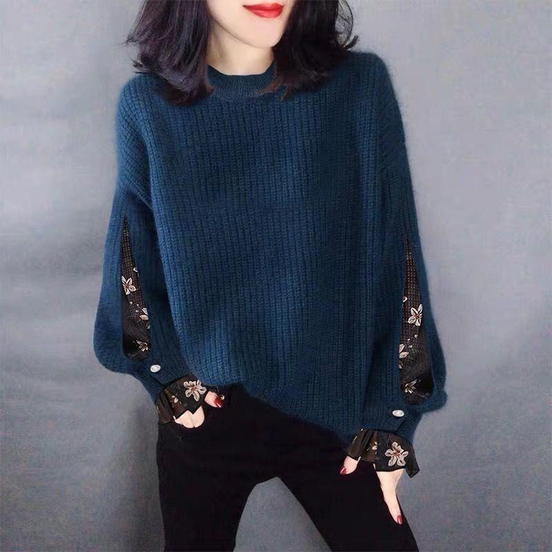 New Autumn Winter Fashion Korean Version Patchwork Contrasting Round Neck Sweater Loose and Versatile Western-style Knitted Top