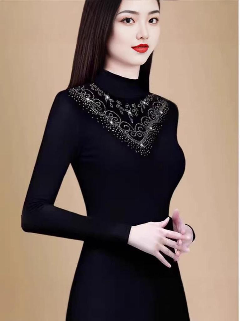 Autumn Winter Beaded Velvet Turtleneck: Tummy-Slimming, Long Sleeve Women's Warm Shirt