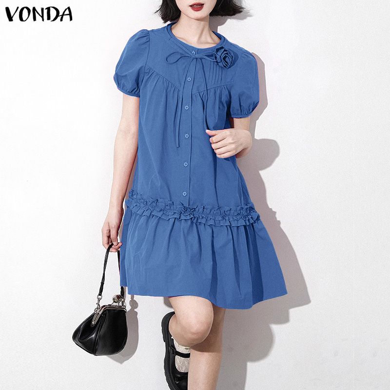 VONDA Women Summer Round Neck Casual Short Sleeve Ruffled Mini Dress