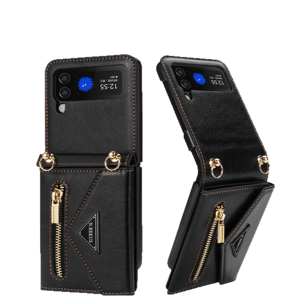 Applicable to Samsung Z Flip4/3 mobile phone case folding flip card ZFlip5/6 lanyard zipper wallet leather case