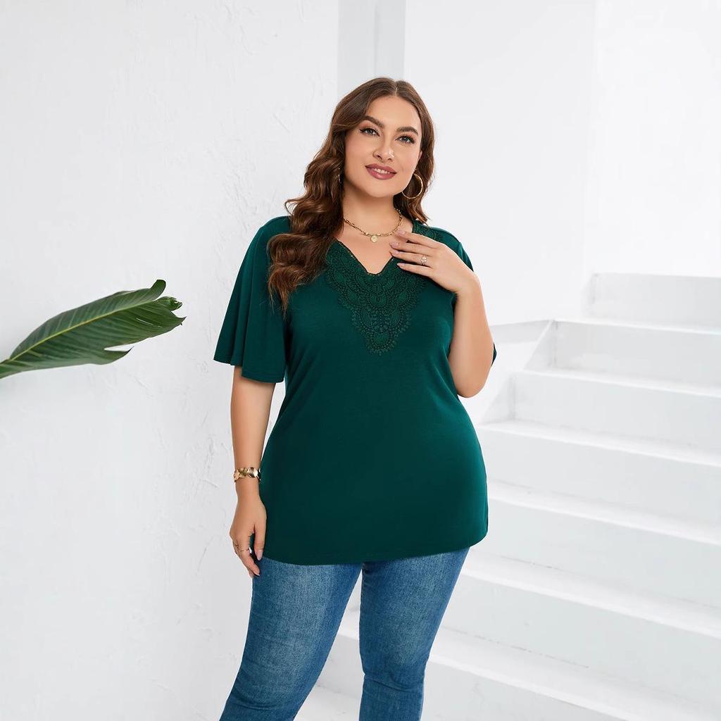 2023 Women's Plus Size Lace Trim Flared Short Sleeve Top