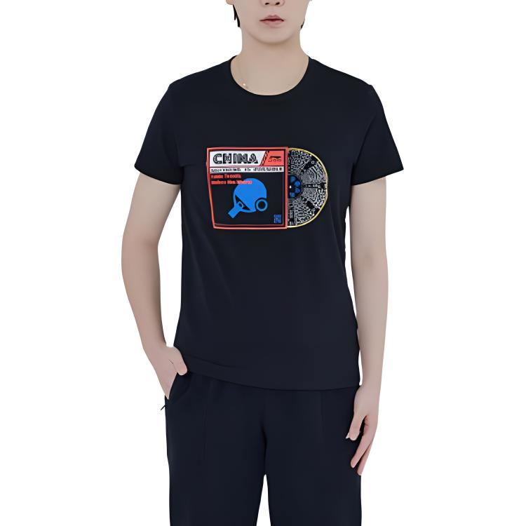 Li Ning Table Tennis Series Logo Print Round Neck Short Sleeve T-Shirt Unisex Tops Black ATST027-3