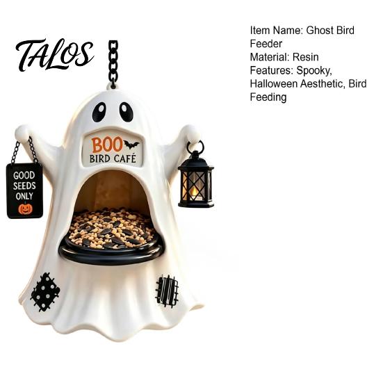Holiday Garden Pendant Halloween Ghost Bird Feeder, Outdoor Hanging Big Mouth Wild Feeding Decor Station, Spooky Resin Statue for Outside Backyard