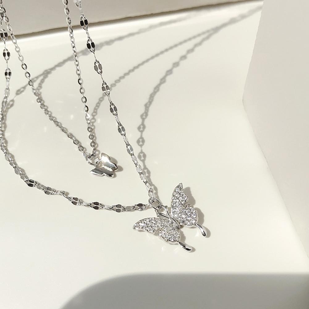Double Layer Butterfly Pendant Necklace Clavicle Chain Sparkling Diamond Double Layer Alloy Necklace Women Jewelry Gift