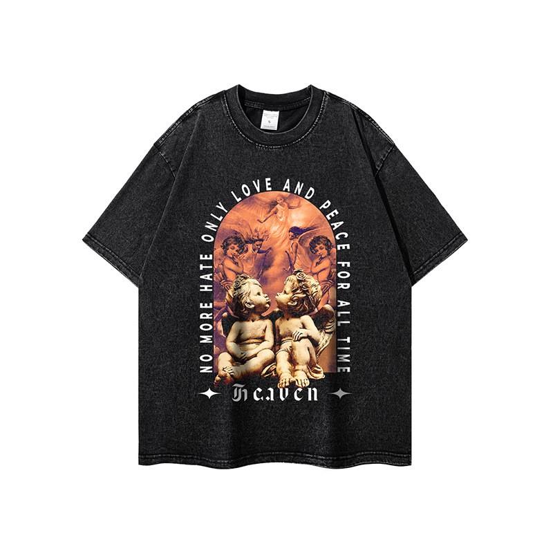 Vintage Washed Heavyweight Cotton Tee Couples - Oversized Retro Graphic T-Shirt Unisex Streetwear
