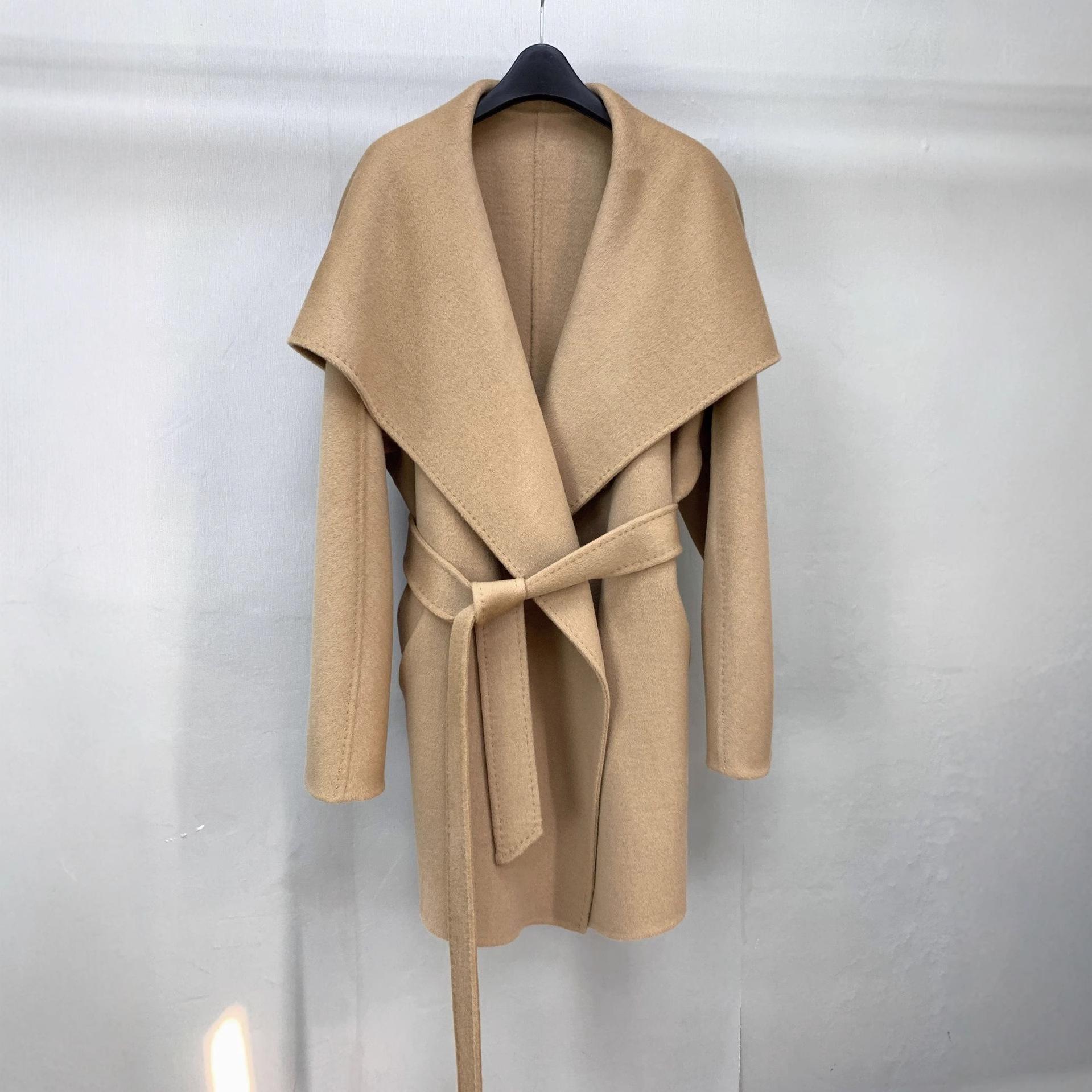 Camel Mid-Length Wool-Cashmere Coat with Tie-Up