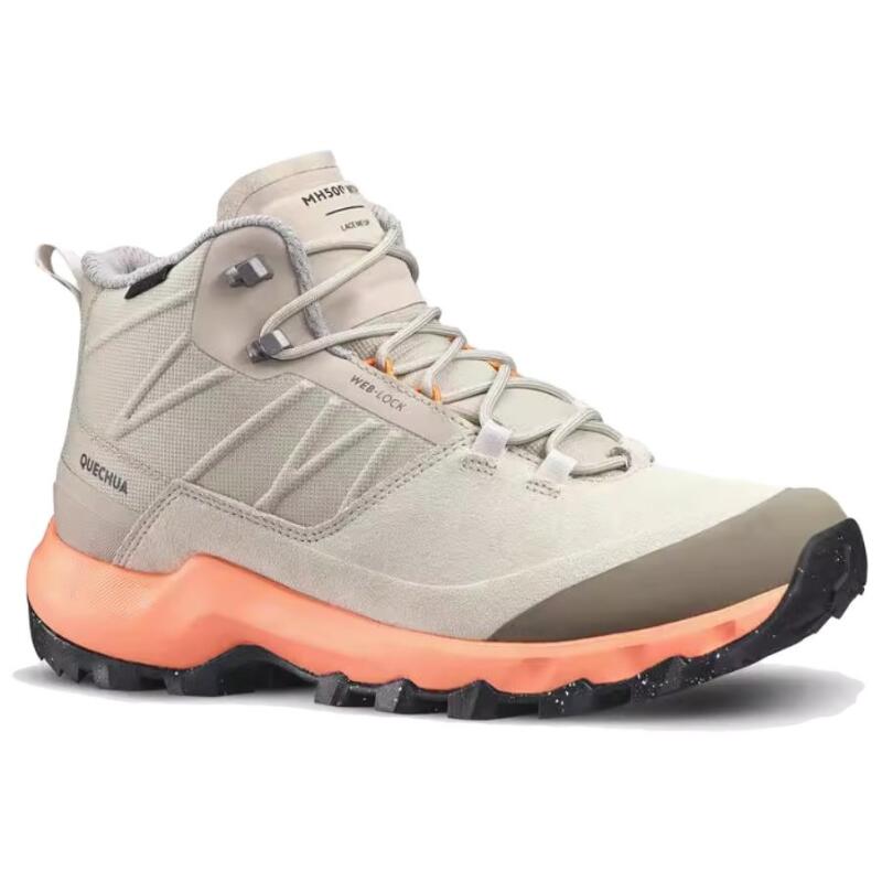 DECATHLON MH500 Comfortable and versatile non-slip and wear-resistant mid-top trekking shoes for women in light grey
