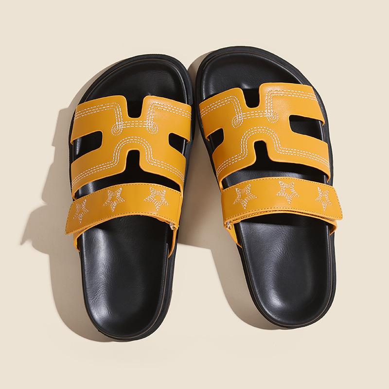Su Yinyin's Second Uncle Slippers of the Same Style, Women Wear Ugly and Cute Leather H Slippers, Five-pointed Star Velcro One-word Drag Women