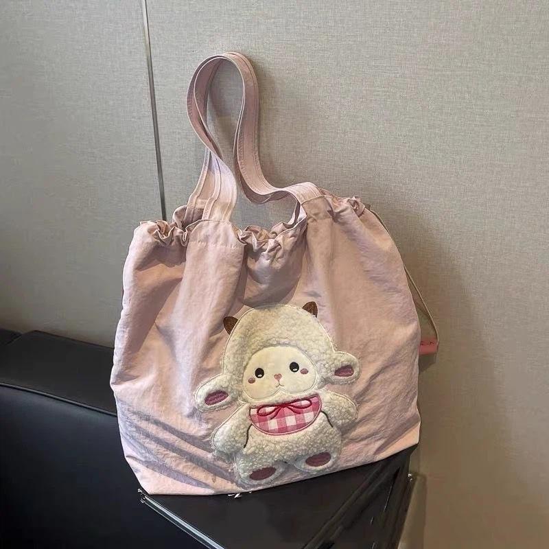 Cute Cartoon Sheep Embroidery Tote Bag Large Capacity Drawstring Shoulder Bag Casual Student Daily Commute Handbag
