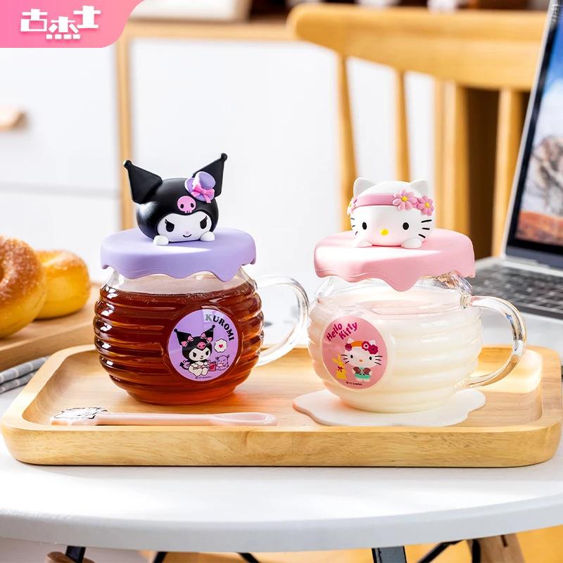 For Sanrio Hello Kitty Kuromi Melody Glass Cup Honey Cant-Shaped Water Cup for Kids 420ml Coffee Mug with Cartoon Silicone Lid