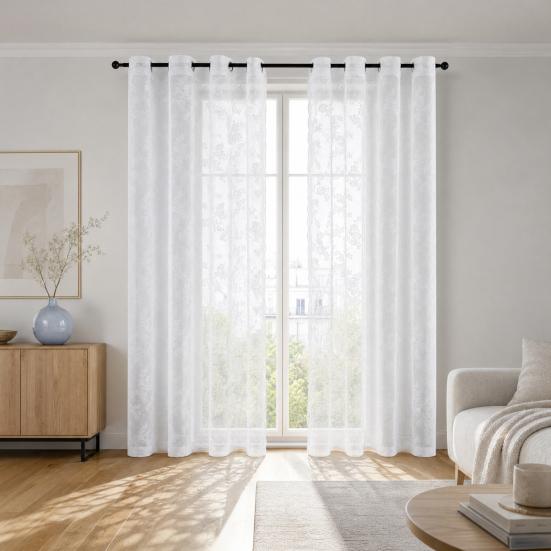 Spitzenvorhänge, Verdickte hochdichte transparente Vorhänge mit Blumenmuster, Wellenförmige Spitzen-Tüllvorhänge für Wohnzimmer, Schlafzimmer, Balkon, Weiches Licht