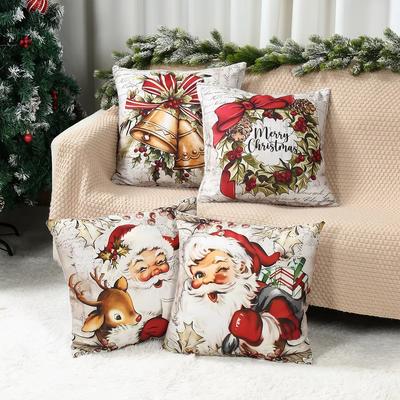 Classic Santa Bell Pillowcase Holiday Pattern Print Soft Fabric For Sofa Bedroom Decor For Home Party Use