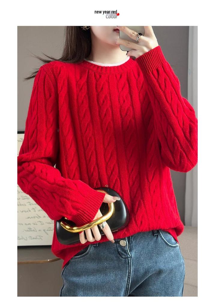 Women's Color-Block Pure Wool Sweater, Cable Knit, Thickened, Loose Fit, Slimming Pullover