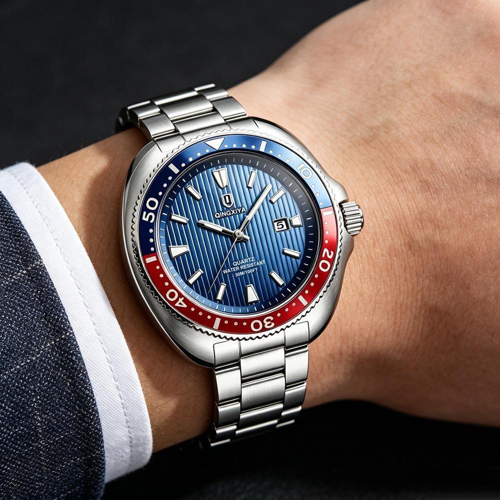 Business Mens Analog Watches Wateproof Diving Watch Luminous Dial Steel Band Daily Calendar Quartz Watch