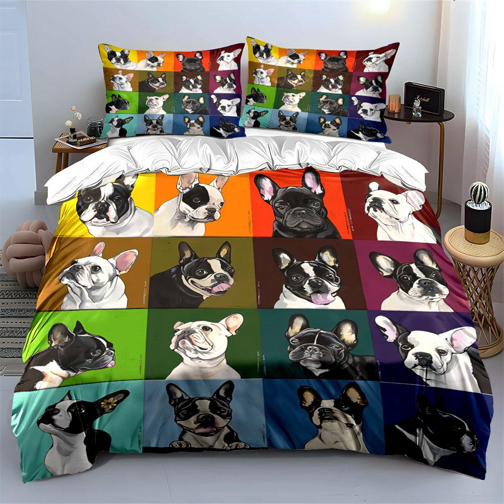 Colorful French Bulldog Art Bedding Duvet Cover Set Duvet Cover Pillowcases (1*Duvet Cover 2*Pillowcases, Without Duvet Insert)