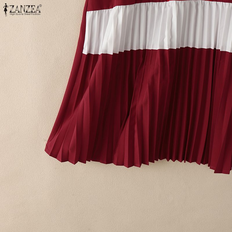ZANZEA Women Casual Round Neck Short Sleeve Pleated Hem Summer Dress