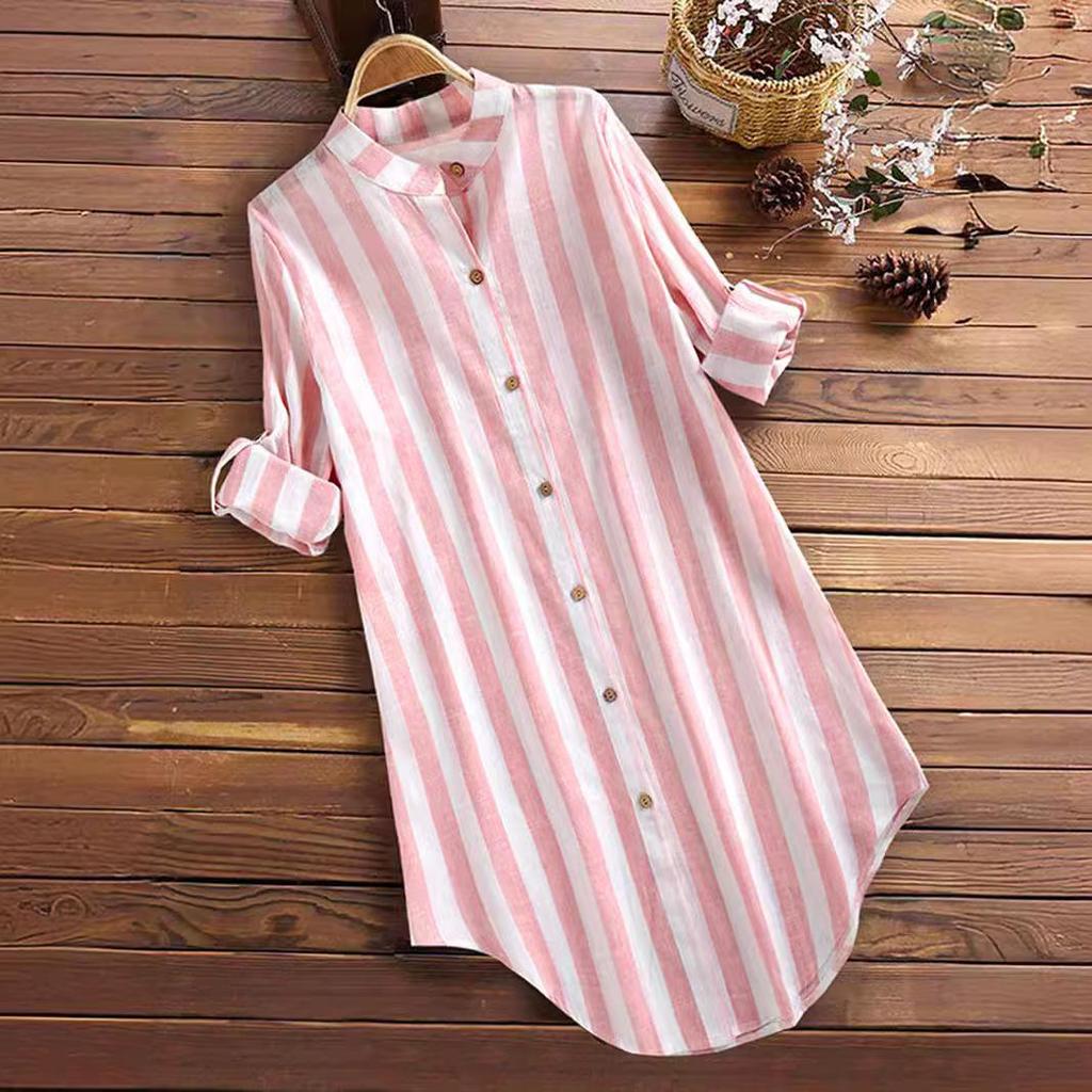 Plus Size Women's Long Sleeve Striped Casual Shirt with Roll-Up Sleeves