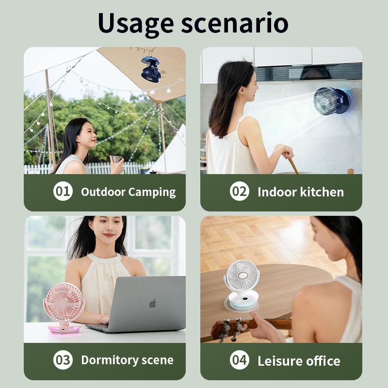 New Protable Mini Fan Rechargeable LED Digital Screen Fan Wall Mounted Fan with 8H Timing 180° Adjustable 7 Colorful Lights