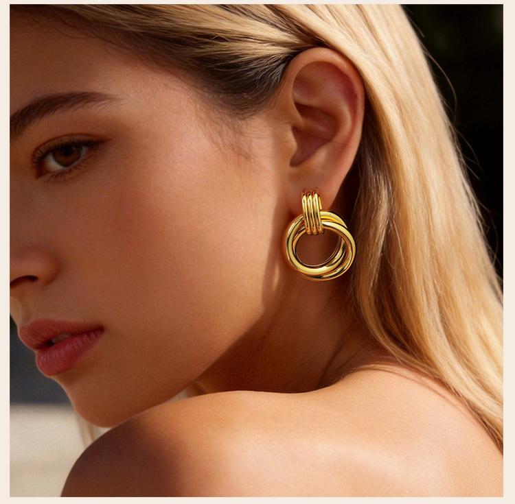 Chunky 18K Gold Plated Twist Knot Stud Earrings for Women, Geometric Textured Stainless Steel Waterproof Vintage Jewelry