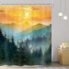 Sunrise Mountain Shower Curtain Forest Landscape Golden Sky Nature Art Warm Tone Bath Decor Waterproof Fabric Boho Style